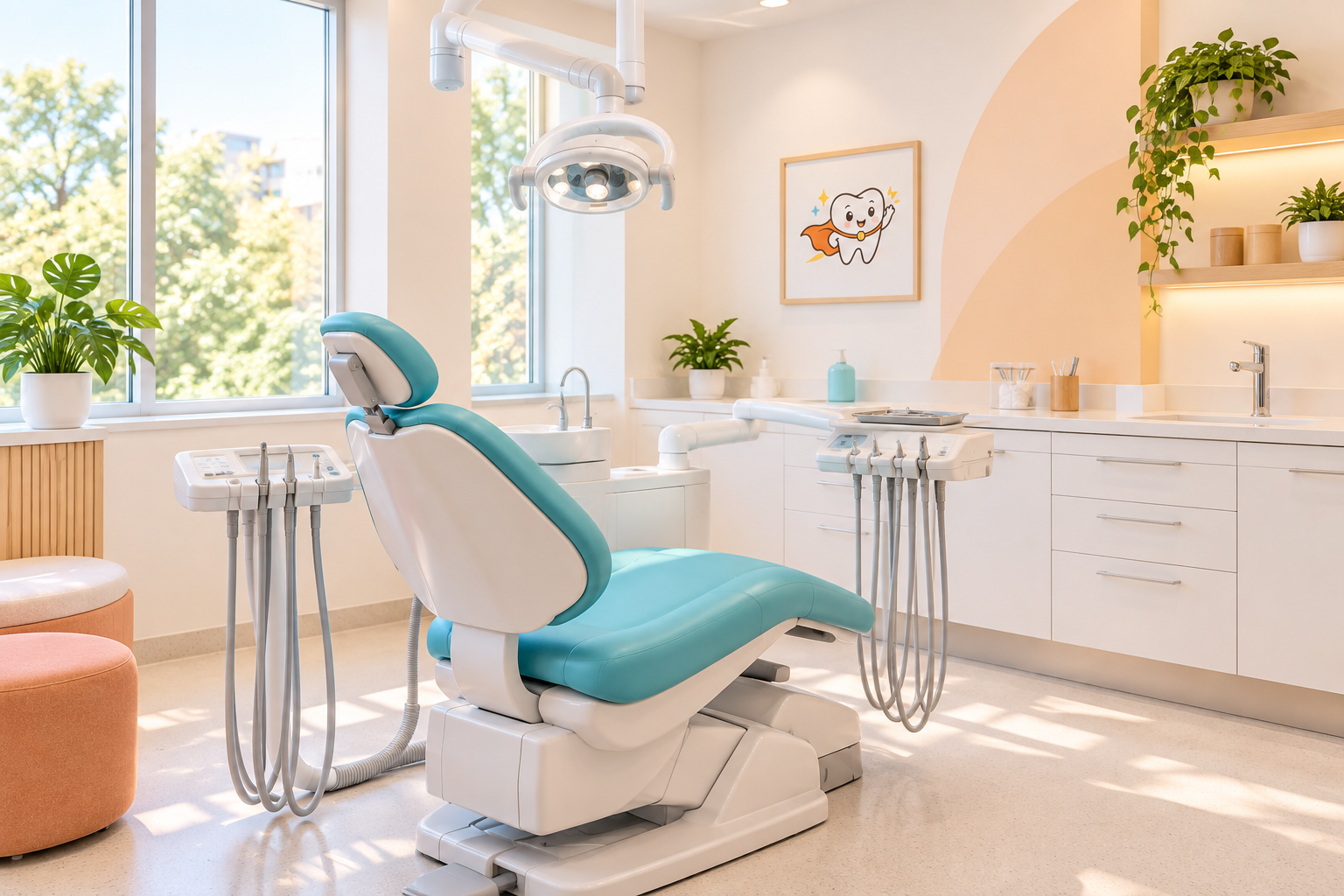 Concepto visual de consultorio infantil luminoso con sillón dental aqua