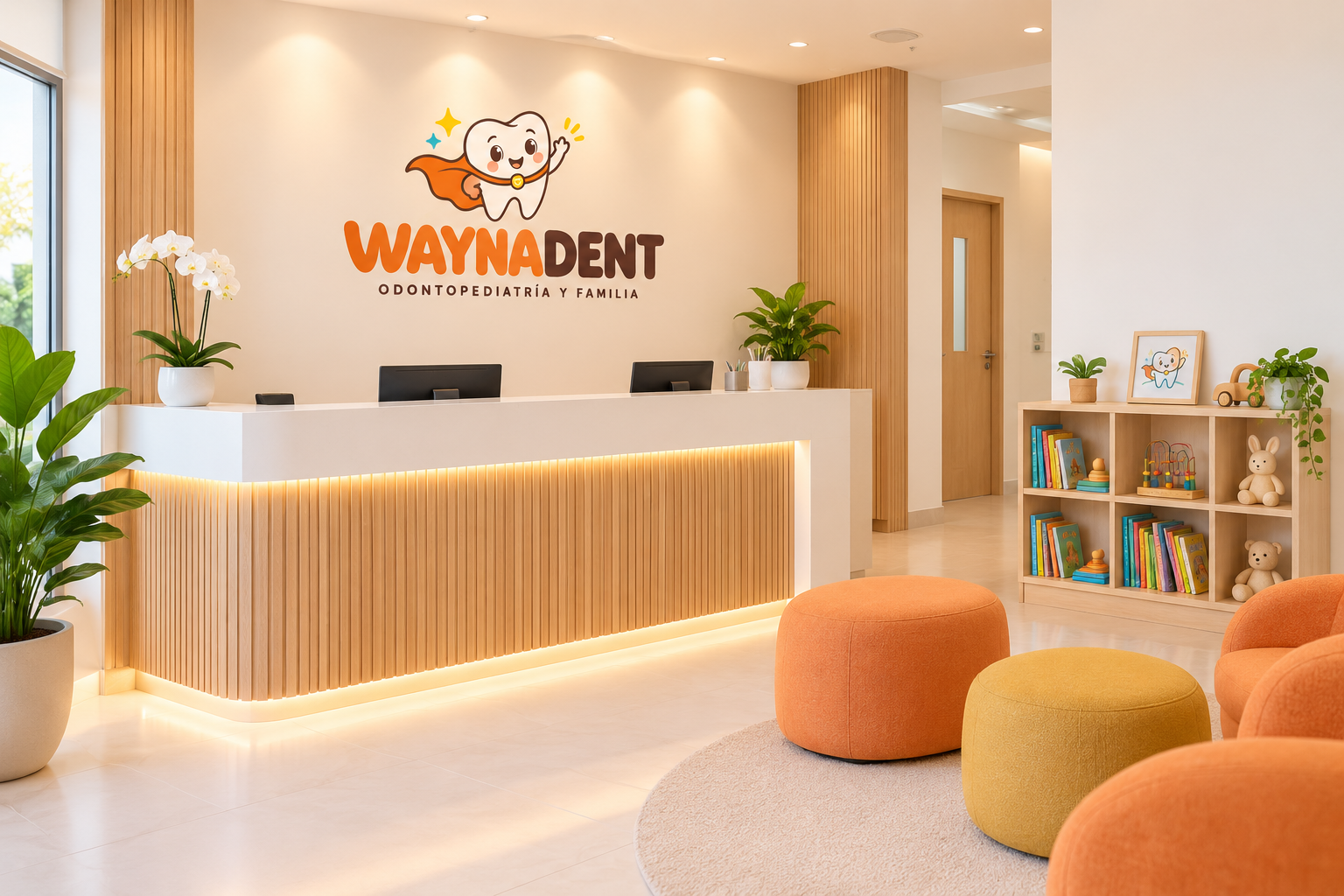 Concepto visual de recepción WAYNADENT con mobiliario cálido y un espacio infantil